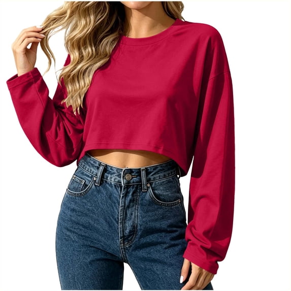 Enjoytime Sweatshirt for Women Casual Trendy Solid Long Sleeve Crop Top Fall Fashion Comfy Crew Neck Sweatshirts