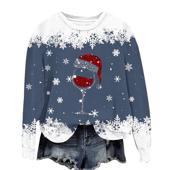 Enjoytime Sweatshirt for Women Christmas Printed Long Sleeve Crewneck Sweatshirts Fashion Casual Comfy Xmas Pullover Tops Navy M