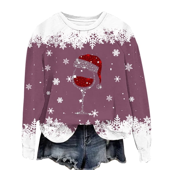 Enjoytime Sweatshirt for Women Christmas Printed Long Sleeve Crewneck Sweatshirts Fashion Casual Comfy Xmas Pullover Tops Pink L