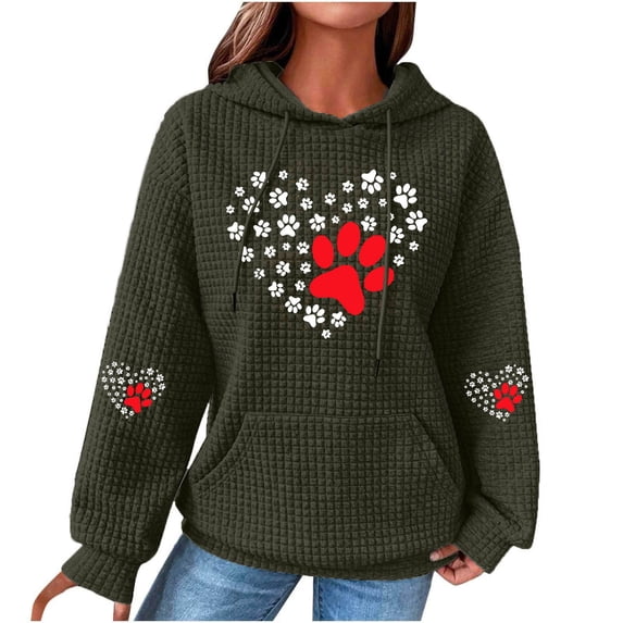 Enjoytime Sweatshirt for Women Cute Printed Long Sleeve Drawstring Waffles Pullover Tops Loose Hooded Sweatshirts with Pocket Plus Size Womens Tops