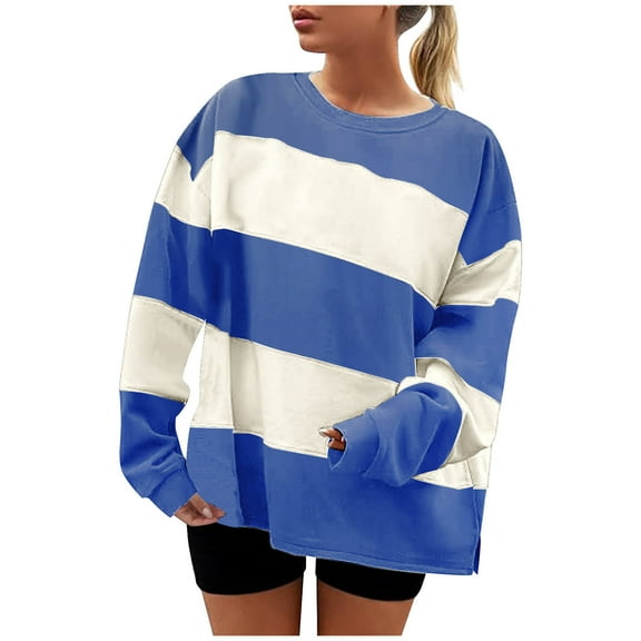 Enjoytime Sweatshirt for Women Fall Winter Striped Long Sleeves Blouse Fashion Casual Crewneck Pullover Sweatshirts Blue L