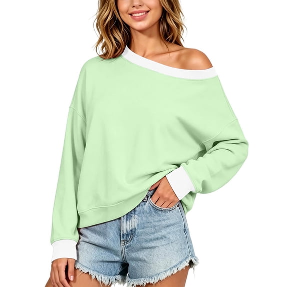Enjoytime Sweatshirt for Women Patchwork Long Sleeve Off Shoulder Sweatshirt Fall Fashion Casual Pullover Tops