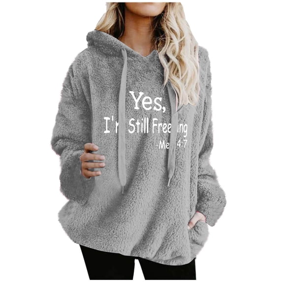 Enjoytime Sweatshirt for Women Printed Long Sleeve Crewneck Pullover Tops Drawstring Fall Winter Warm Casual Loose Oversized Hoodie Gray M