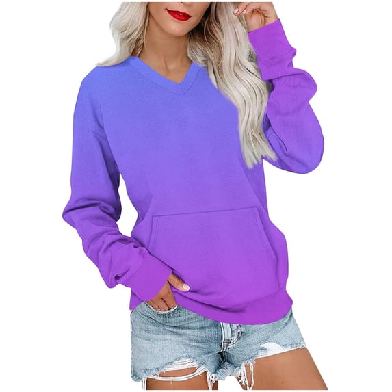 Enjoytime Sweatshirt for Women Printed V-Neck Long Sleeve Blouse Fall Winter Fashion Casual Pullover Sweatshirts with Pockets Purple XXL