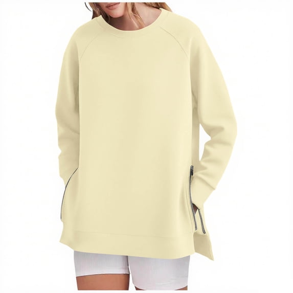 Enjoytime Sweatshirt for Women Solid Color Long Sleeve Crewneck Sweatshirts with Side Zipper Fall Winter Loose Casual Pullover Tops
