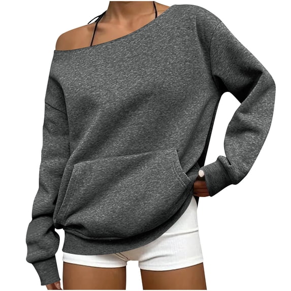 Enjoytime Sweatshirt for Women Solid Color One Shoulder Neck Long Sleeve Tops Casual Fall Winter Fashion Pullover Sweatshirts Gray L