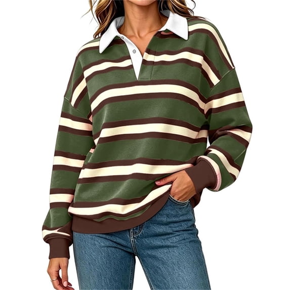 Enjoytime Sweatshirt for Women Striped Collared Long Sleeve Pullover Top Fall Fashion Loose Casual Lightweight Sweatshirts
