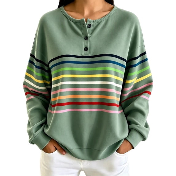 Enjoytime Sweatshirt for Women Striped Long Sleeve Half Button Pullover Tops Fall Fashion Casual Crew Neck Sweatshirts