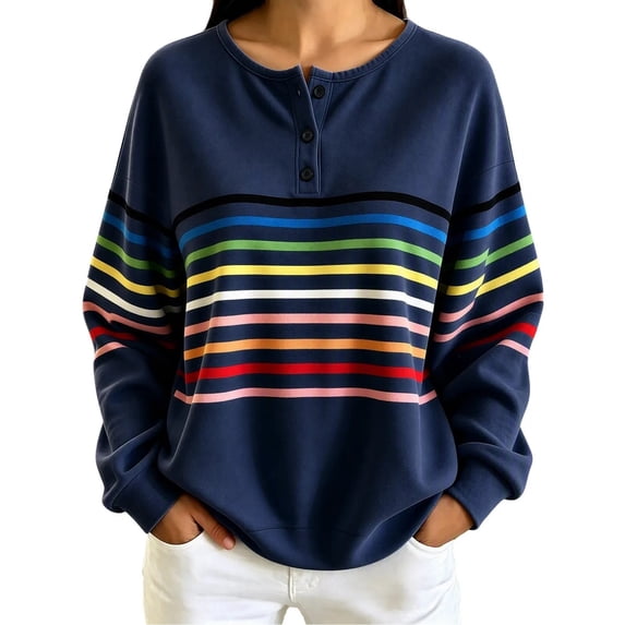 Enjoytime Sweatshirt for Women Striped Long Sleeve Half Button Pullover Tops Fall Fashion Casual Crew Neck Sweatshirts