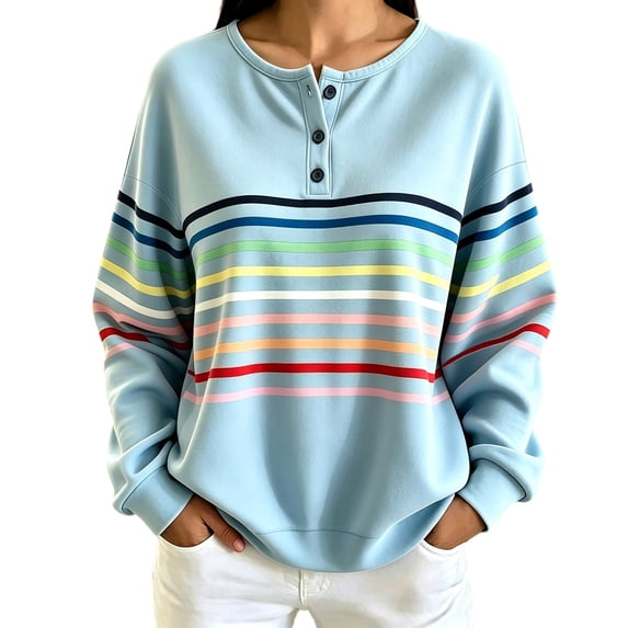 Enjoytime Sweatshirt for Women Striped Long Sleeve Half Button Pullover Tops Fall Fashion Casual Crew Neck Sweatshirts