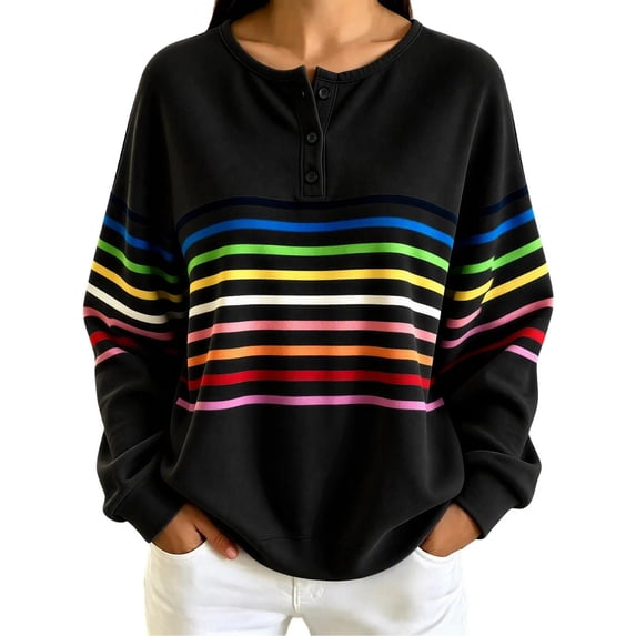 Enjoytime Sweatshirt for Women Striped Long Sleeve Half Button Pullover Tops Fall Fashion Casual Crew Neck Sweatshirts