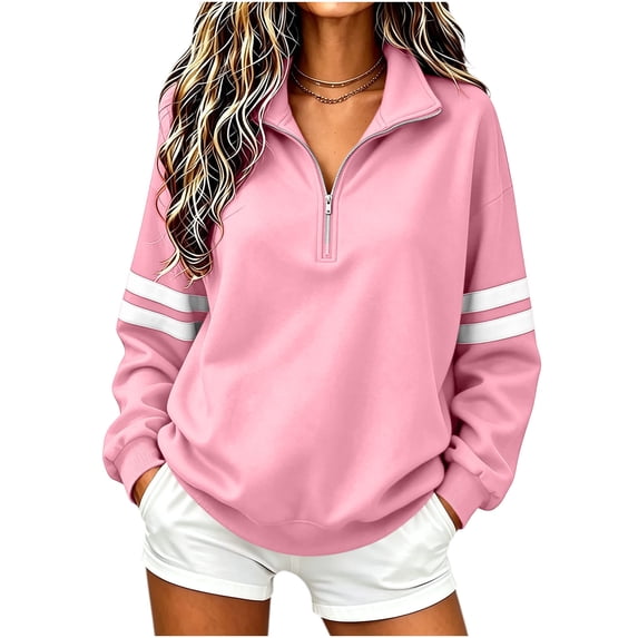 Enjoytime Sweatshirt for Women Striped Long Sleeve Quarter Zip Sweatshirts Fall Fashion Casual Lightweight Pullover Tops