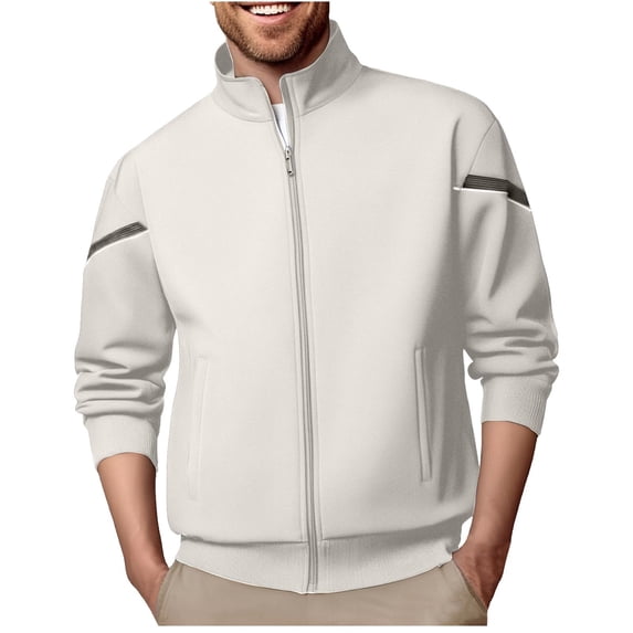 Enjoytime Sweatshirts for Men Solid Color Long Sleeve Stand Up Collar Oversized Sweatshirt Casual Loose Full Zip Pullover Tops with Pockets Beige XXXL