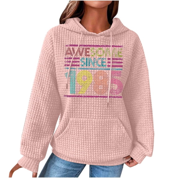 Enjoytime Sweatshirts for Women Trendy Casual Retro Pattern Print Long Sleeve Pullover Tops with Pocket Drawstring Waffle Loose Hoodies for Women on Clearance