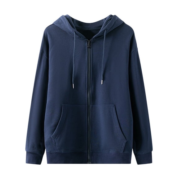 Enjoytime Sweatshirts for Men Fashion Long Sleeve Drawstring Zip Up Hoodie Solid Color Casual Loose Oversized Hoodies Navy XL