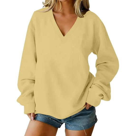 Enjoytime Sweatshirts for Women Solid Color V-Neck Long Sleeve Tops Fall Fashion Casual Loose Pullover Sweatshirt Winter Clothes 2025 Beige M