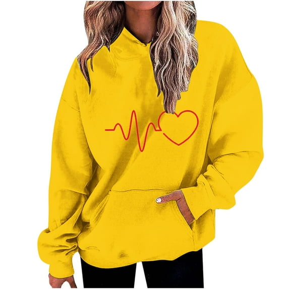 Enjoytime Sweatshirts for Women Trendy Hoodies Heart Printed Pullover Sweatshirts with Pockets Long Sleeved Loose Oversized Women's Tops