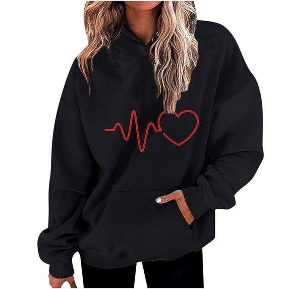 Enjoytime Sweatshirts for Women Trendy Hoodies Heart Printed Pullover Sweatshirts with Pockets Long Sleeved Loose Oversized Women's Tops