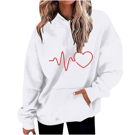 Enjoytime Sweatshirts for Women Trendy Hoodies Heart Printed Pullover Sweatshirts with Pockets Long Sleeved Loose Oversized Women's Tops