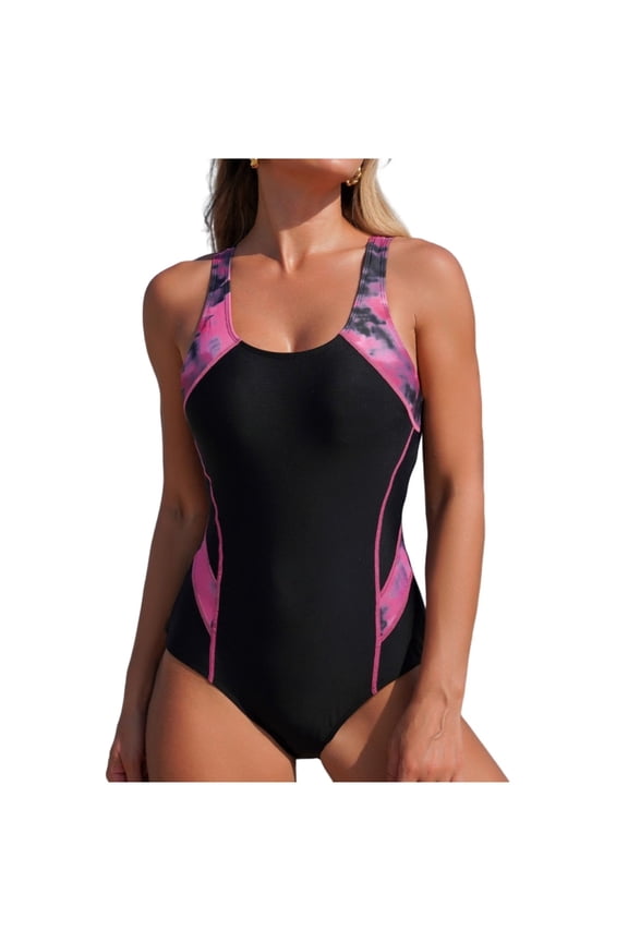 Swimming Suits for Women Color Block Print Tummy Control One Piece Bathing Suits Scoop Neck Back Cutout Modest Swimwear