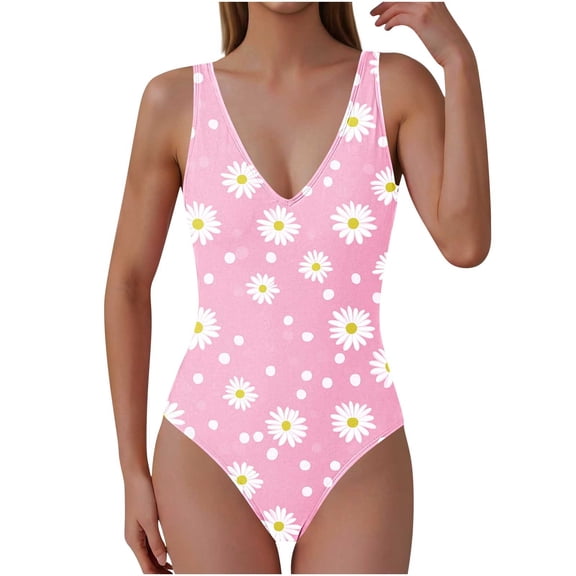 Enjoytime Swimsuit Women Cute Floral Printed V-Neck Tummy Control Bathing Suit High Cut Adjustable Modest One Piece Swimwear