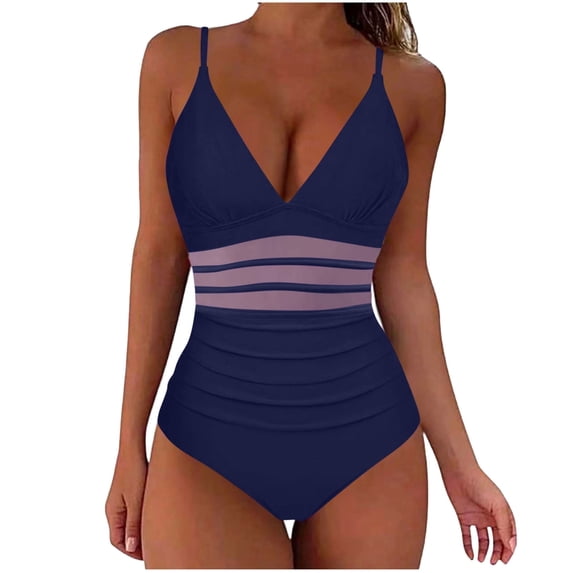 Enjoytime Swimsuit Women One Piece Tummy Control Bathing Suit for Women Modest V Neck Slimming Mesh Swimwear Monokini