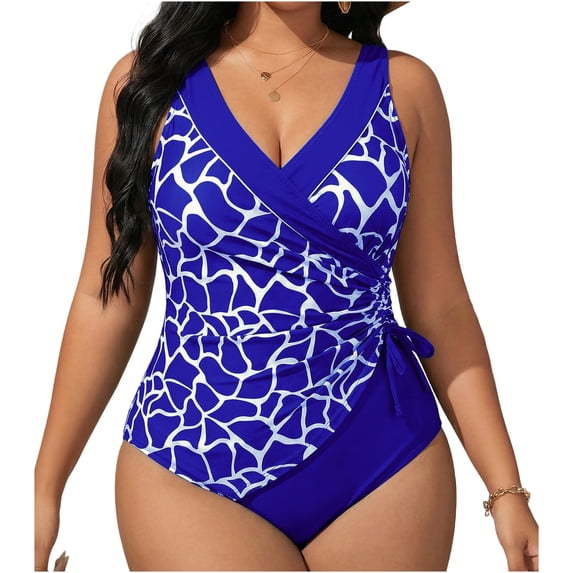 Enjoytime Swimsuit for Women One Piece Print V-Neck Tummy Control Swimwear Ruched Backless Plus Size Bathing Suits