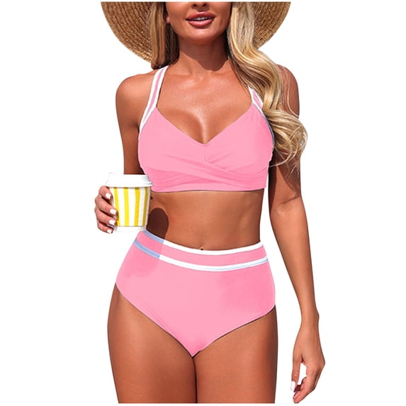 Enjoytime Swimsuit for Women Patchwork Criss Cross Back Push Up Padded Bikini Set Tummy Control Modest 2 Piece Bathing Suits