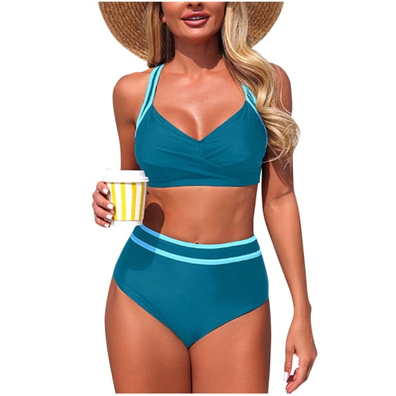 Enjoytime Swimsuit for Women Patchwork Criss Cross Back Push Up Padded Bikini Set Tummy Control Modest 2 Piece Bathing Suits