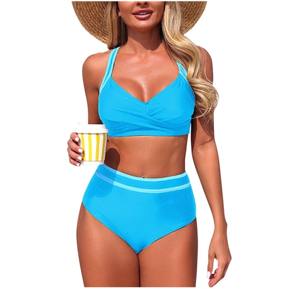 Enjoytime Swimsuit for Women Patchwork Criss Cross Back Push Up Padded Bikini Set Tummy Control Modest 2 Piece Bathing Suits