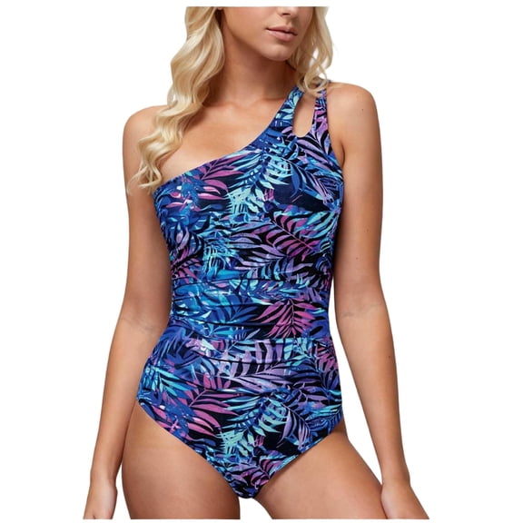 Enjoytime Swimsuit for Women Printed Tummy Control 1 Piece Bathing Suits One Shoulder Athletic Modest Swimwear