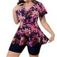 thumbnail image 1 of Enjoytime Swimsuit for Women Printed V-Neck Drawstring Short Sleeve Two Piece Bathing Suits Modest Tank Top Plus Size Swimsuits with Shorts, 1 of 8