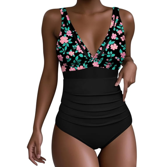 Enjoytime Swimsuit for Women Printed V Neck Tummy Control 1 Piece Bathing Suits Adjustable Straps Ruched Slimming Swimwear