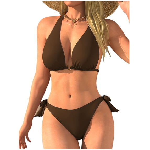Enjoytime Swimsuit for Women Solid Color Halter Triangle Bikini Sets Tummy Control Drawstring Modest 2 Piece Bathing Suits
