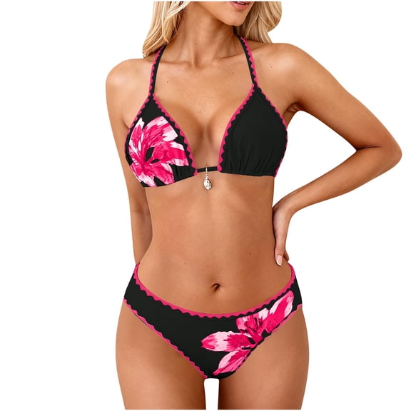 Enjoytime Swimsuits for Women Floral Printed V Neck Halter Two Piece Bathing Suits Slimming High Cut Modest Bikini Set 2026