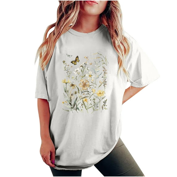 Enjoytime T-Shirts For Women Round Neck Short Drop Sleeved Tee Tops Floral Graphic Printed Loose Fit Comfy Tee Shirts For Women
