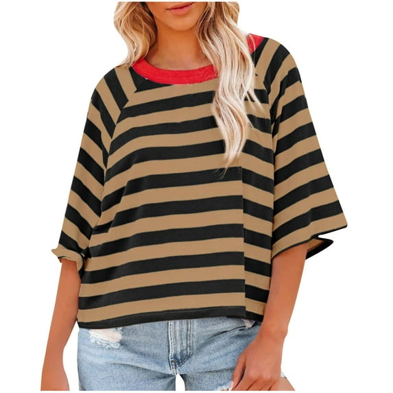 Enjoytime T Shirts for Women Fashion Stripe Print 3/4 Sleeves Top Loose Fit Womens Blouses Fall Winter Clothing