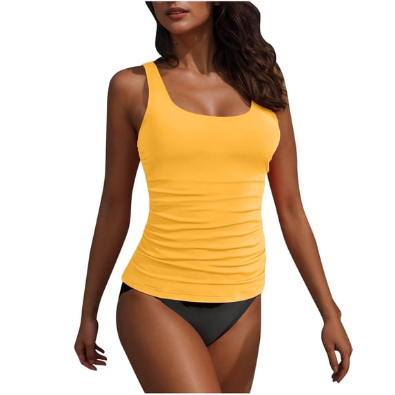 Enjoytime Tankini Swimsuits for Women Tummy Control Two Piece Bathing Suit Fashion Solid Push-Up Padded Ruched Tankini Top with Bottom Athletic Summer Swimwear