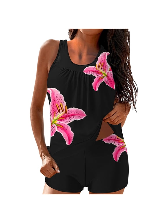 Tankini Swimsuits for Women Modest Tummy Control Swimwear Floral Print 2 Piece Bathing Suits