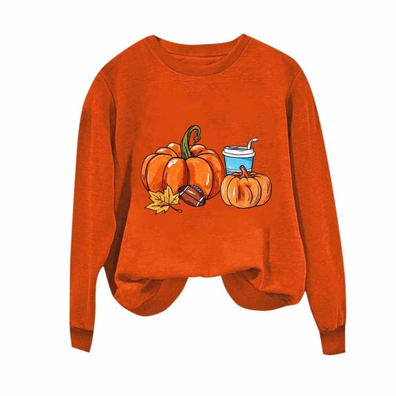 Enjoytime Thanksgiving Crewneck Sweatshirts Women Cute Printed Long Sleeve Pullover Tops Casual Loose Fall Winter Sweatshirt Orange M