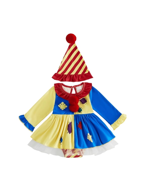 Toddler Girls Halloween Costumes Patchwork Print Long Sleeve Dress with Hat Set Kids Cute Holiday Party Dresses