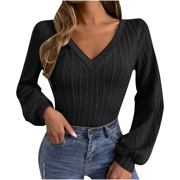 Enjoytime Tops For Women Trendy Solid Color Long Sleeve V-Neck Pullover Shirts Business Casual Blouses 2025 Fall Winter Clothes