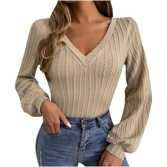 Enjoytime Tops For Women Trendy Solid Color Long Sleeve V-Neck Pullover Shirts Business Casual Blouses 2025 Fall Winter Clothes
