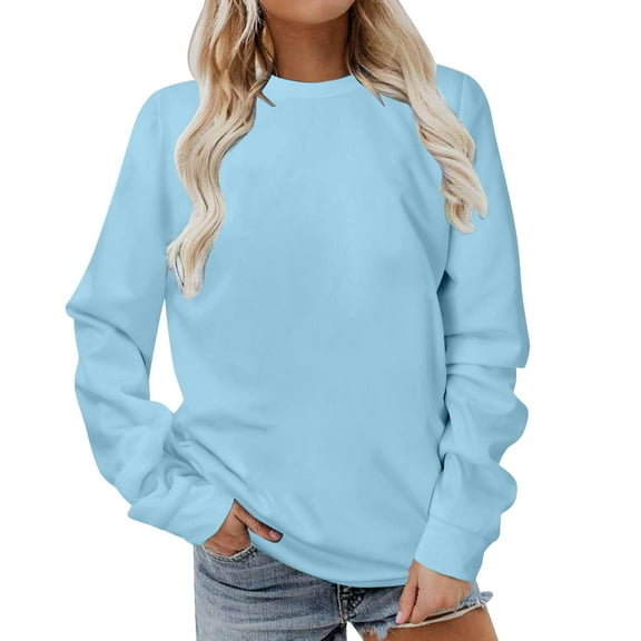 Enjoytime Tops for Women Trendy Solid Color Long Sleeve Loose Blouses Fall Winter Fashion Lightweight Crewneck Sweatshirt Plus Size Clothing Sky Blue S