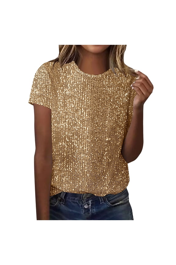 Tops for Women 2026 Solid Color Crewneck Short Sleeve Shirts Fashion Sequined Casual Party Blouses Gold L