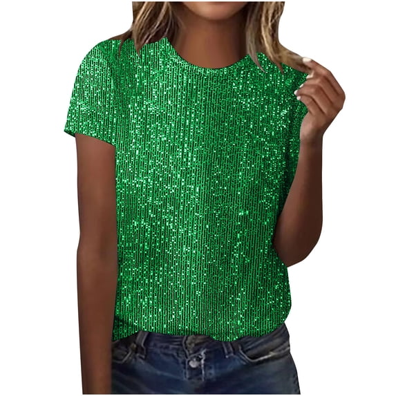 Enjoytime Tops for Women 2026 Solid Color Crewneck Short Sleeve Shirts Fashion Sequined Casual Party Blouses Green XL