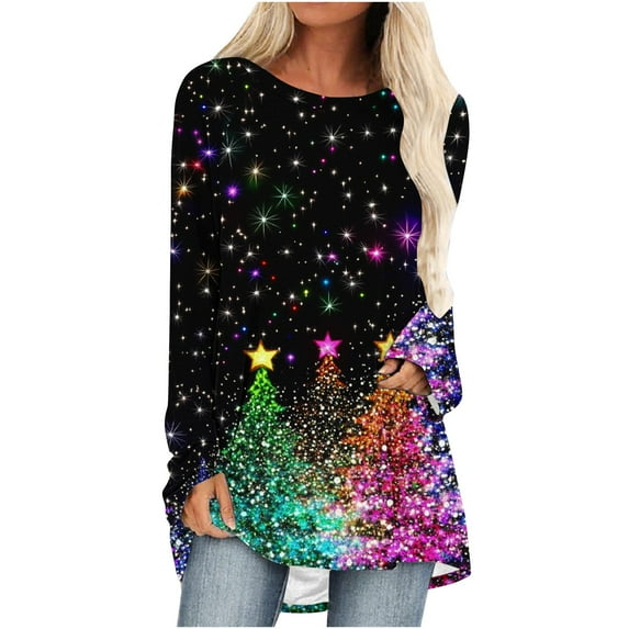 Enjoytime Tops for Women Christmas Tree Printed Crew Neck Long Sleeve Blouse Trendy Casual Loose Plus Size Shirt Multicolor XXL