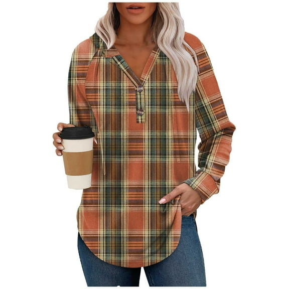 Enjoytime Tops for Women Plaid Printed Long Sleeve Button Down Shirts 2025 Fall Winter Fashion Business Casual Blouses Orange L