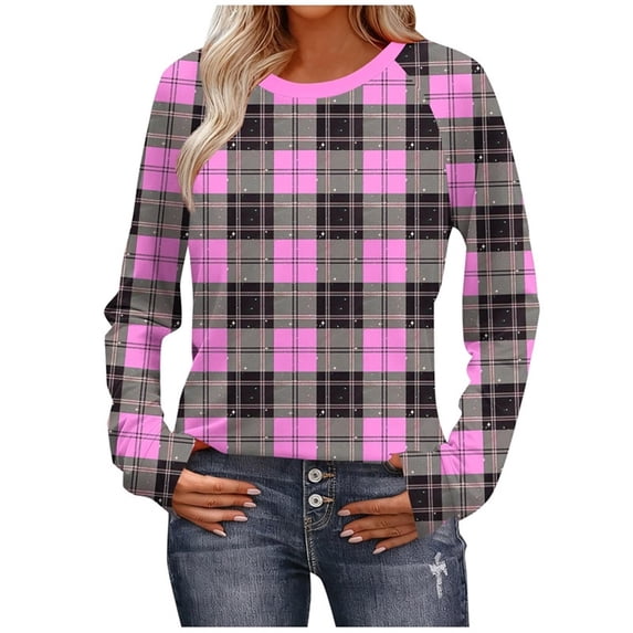 Enjoytime Tops for Women Plaid Printed Round Neck Pullover Long Sleeve Shirts Trendy Fashion Casual Blouses Pink M