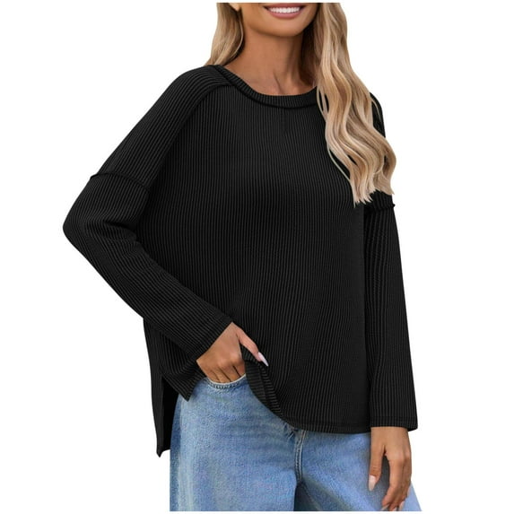 Enjoytime Tops for Women Solid Color Crew Neck Long Sleeve Shirt Travel Business Casual Blouses Fall Winter Fashion Work Clothes Black XXL